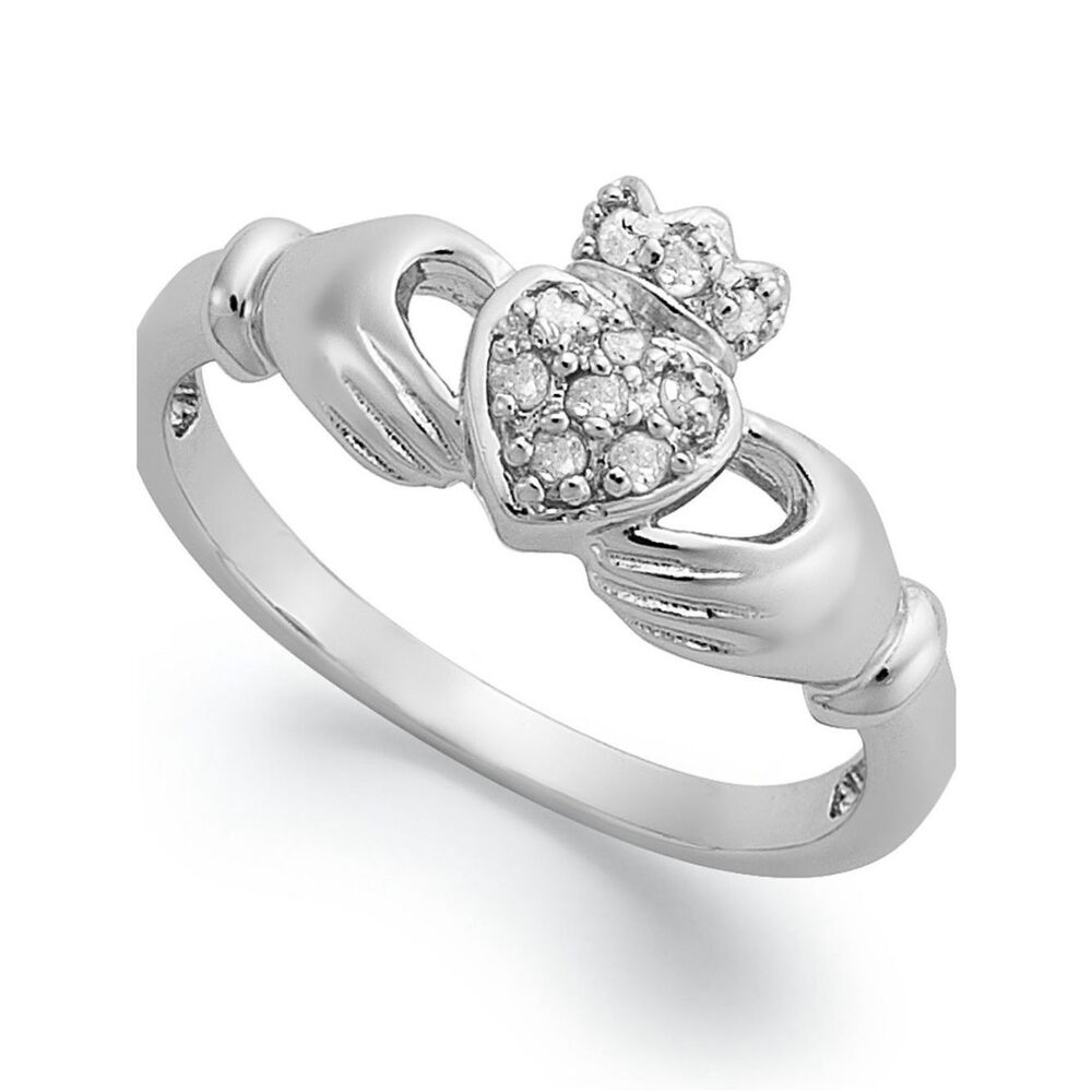 Diamond Sterling Silver Claddagh Ring with Heart Accent - White